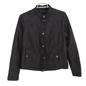 Bernardo women's grey faux leather jacket with snap buttons and zip closure.